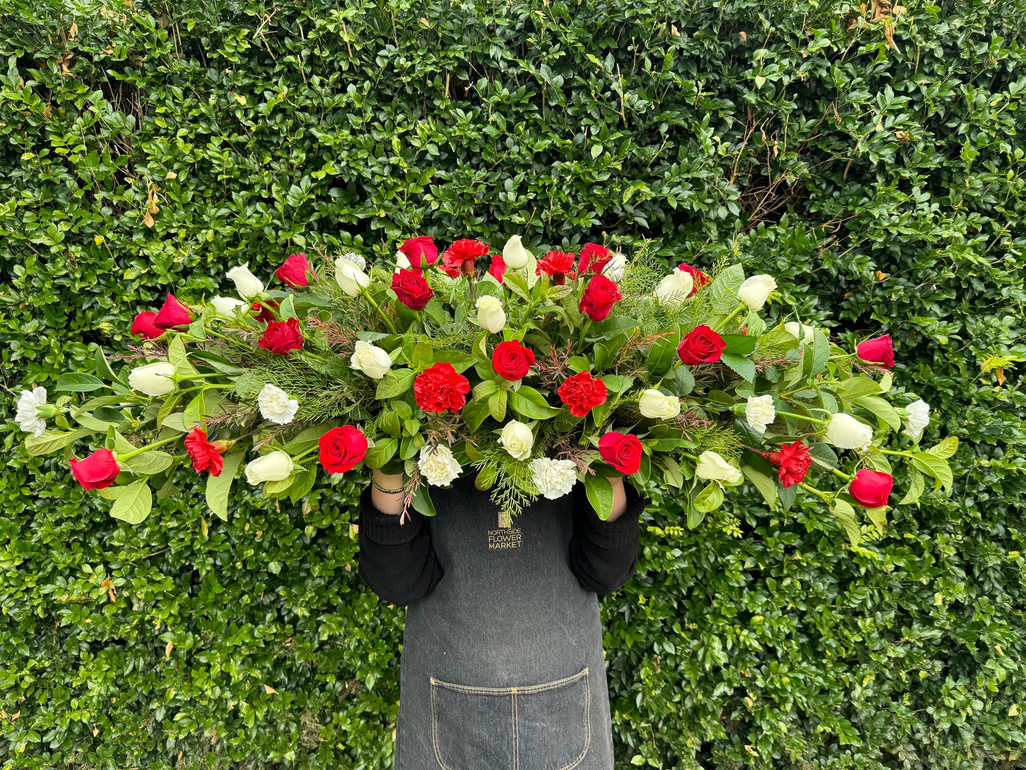 RED & WHITE ROSE & CARNATION MIXED CASKET SPRAY